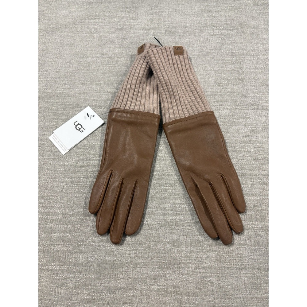 NEW Ugg Women's Luxe Gloves Size Medium Sand Castle Genuine Leather Ribbed Cuff